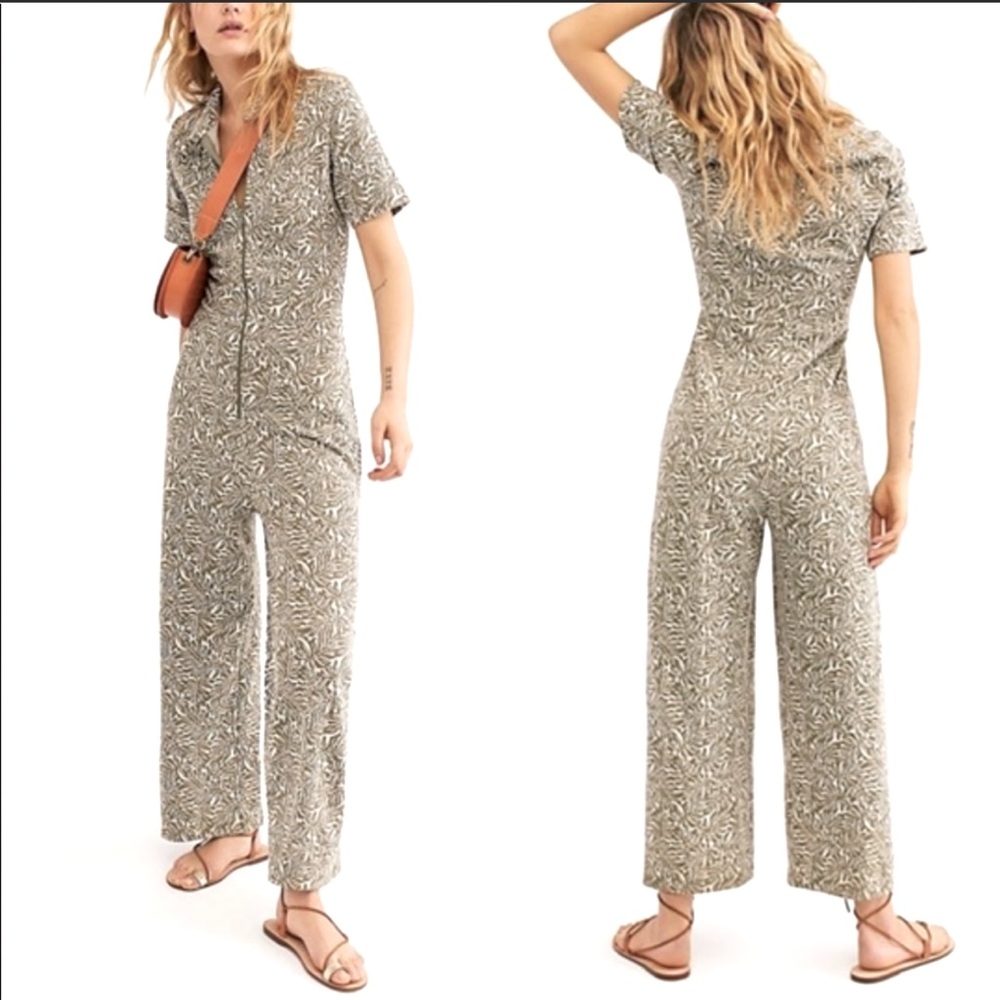 Free People Olive Green Printed Short-Sleeve Jumpsuit